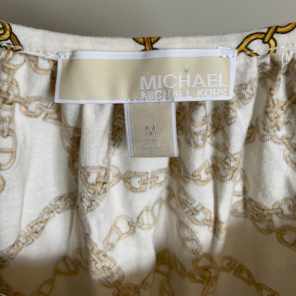 Michael Kors Cotton-Blend Golden Chain-Link Print Pleated Top 3/4 Sleeves - Picture 4 of 13